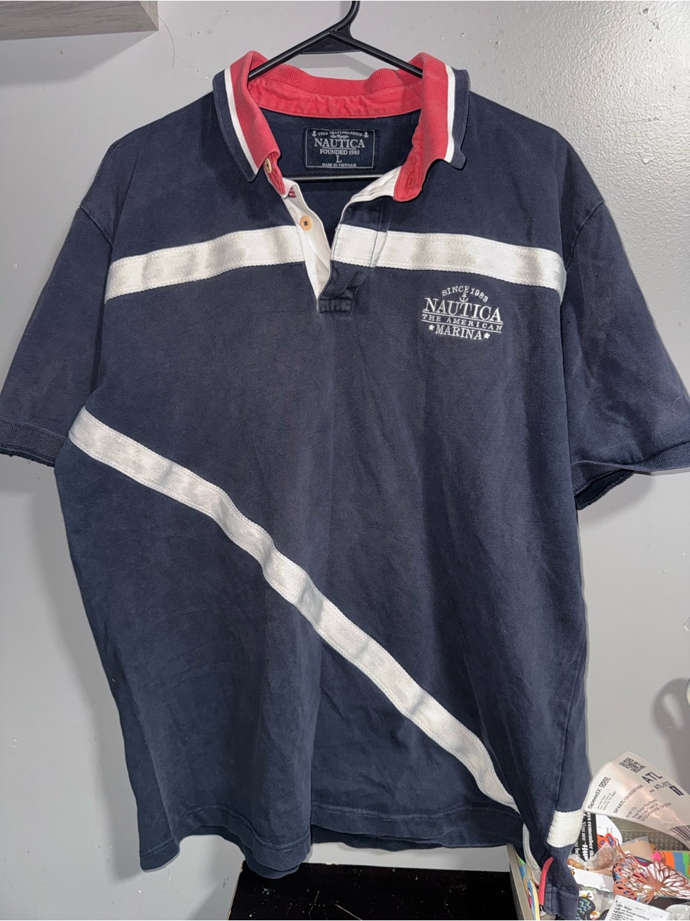 Vintage Nautica Navy Polo with White Stripes and Red-Trim Collar